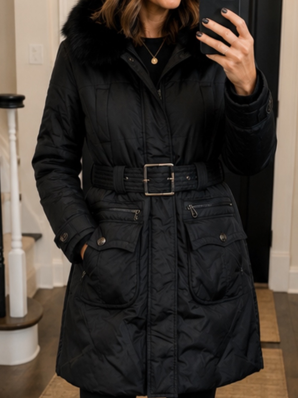 Authentic Burberry London Black Belted Nylon Parka Faux Fir Trim Coat M